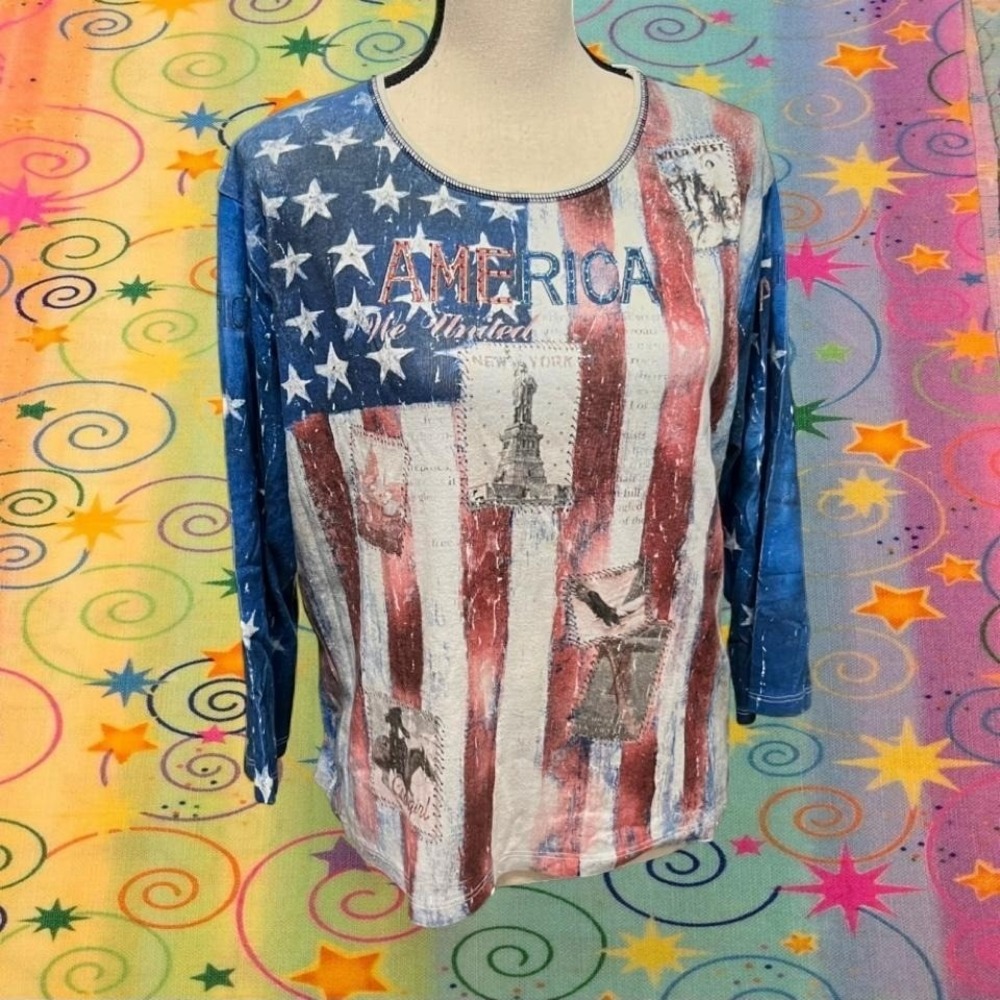 American flag 3/4 sleeve XXL top embellished bedazzled Mcbling 4th of July usa